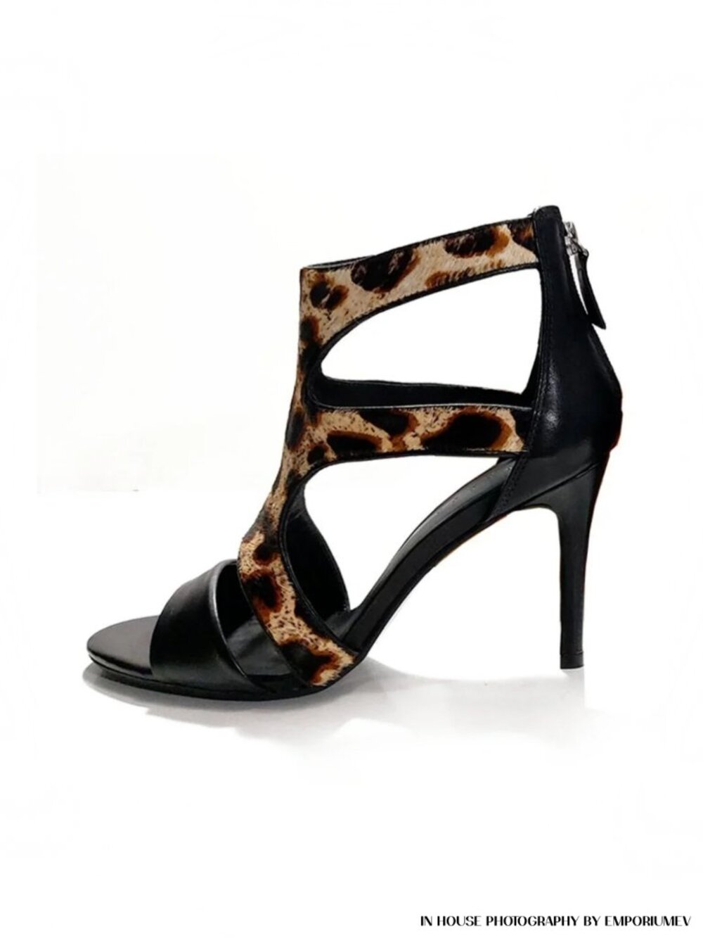 Sandro Paris Alessia Black Leather Leopard Print Women Size 6 US Sandals